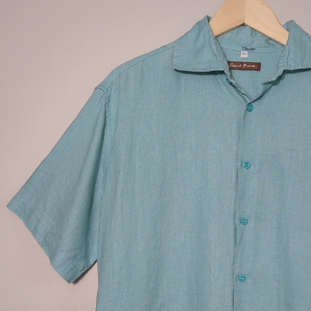 Island Importer Men's Linen Aqua Short Sleeve Button Down Shirt Large Beachy - Picture 4 of 13